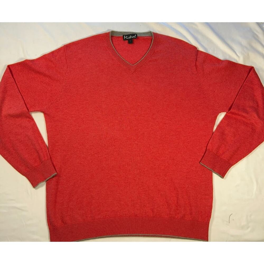 Mistral Red Orange Cashmere Cotton Blend Contrast Trim V-Neck Sweater Men's L